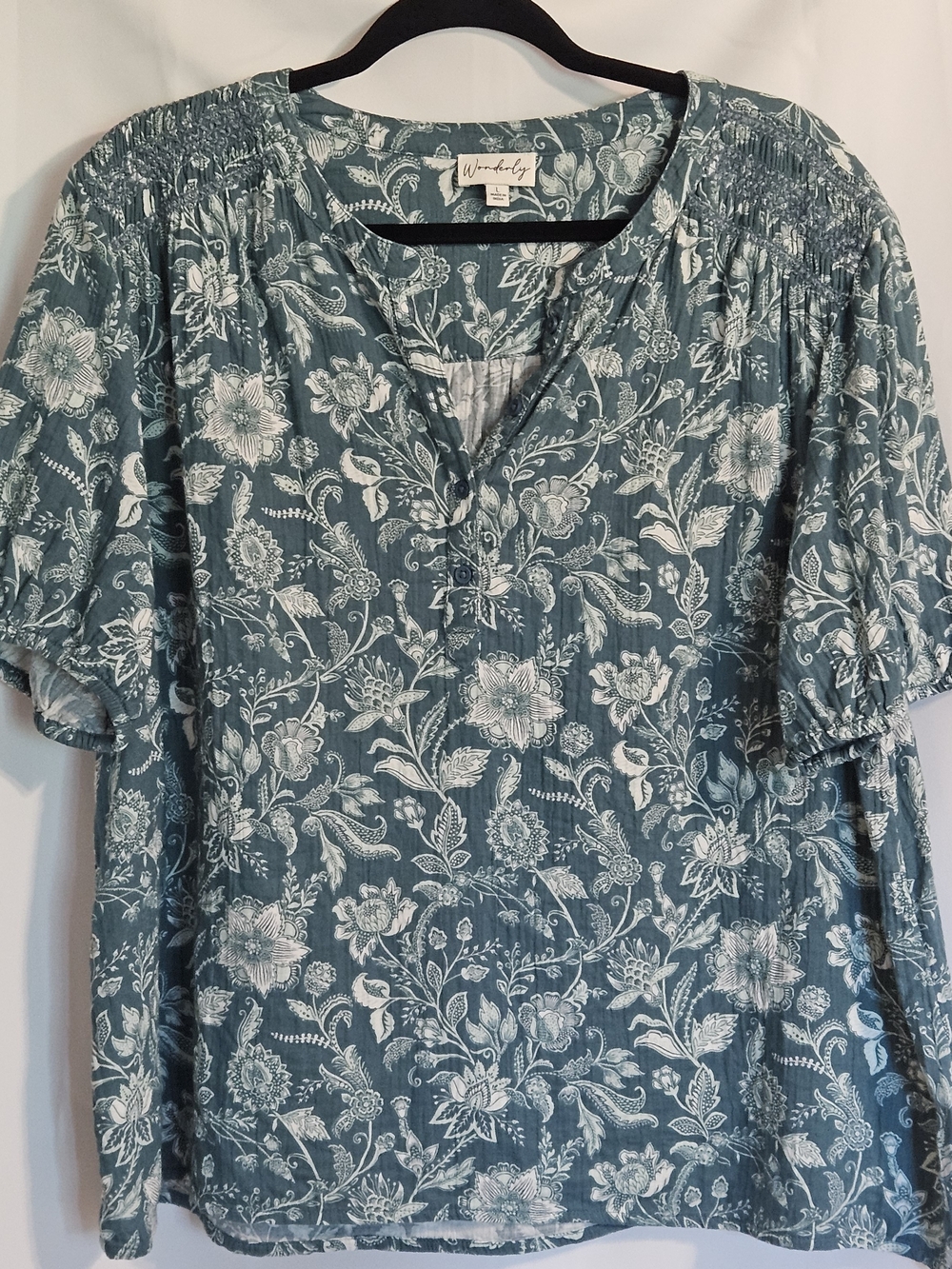 Wonderly Teal Floral Split-Neck Blouse